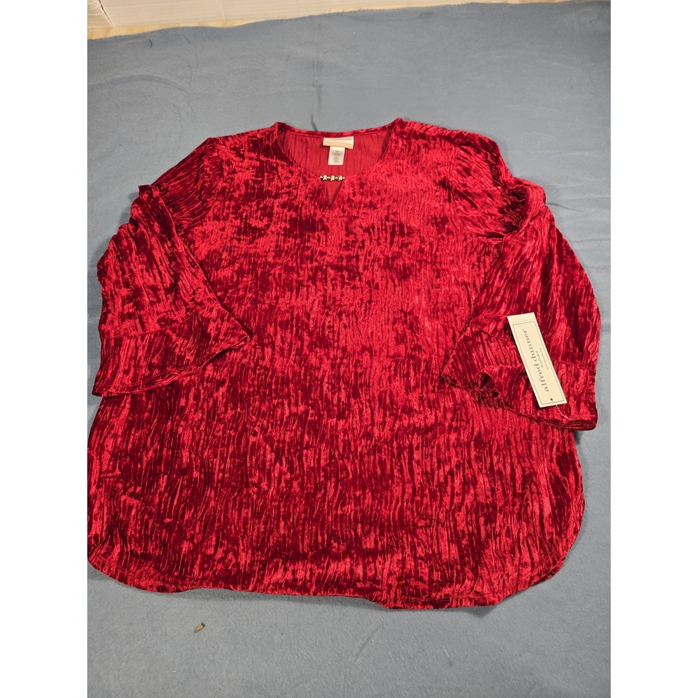 NEW WOMENS Alfred Dunner Crushed Velvet Keyhole Bell Sleeve Top Red 1X New